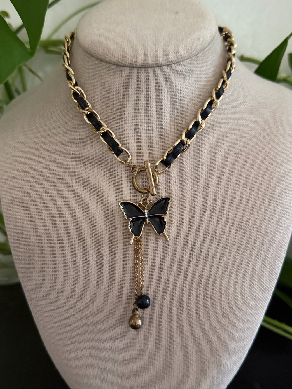 Vintage Gold & Black Enamel Butterfly Pendant Leather Ribbon Necklace